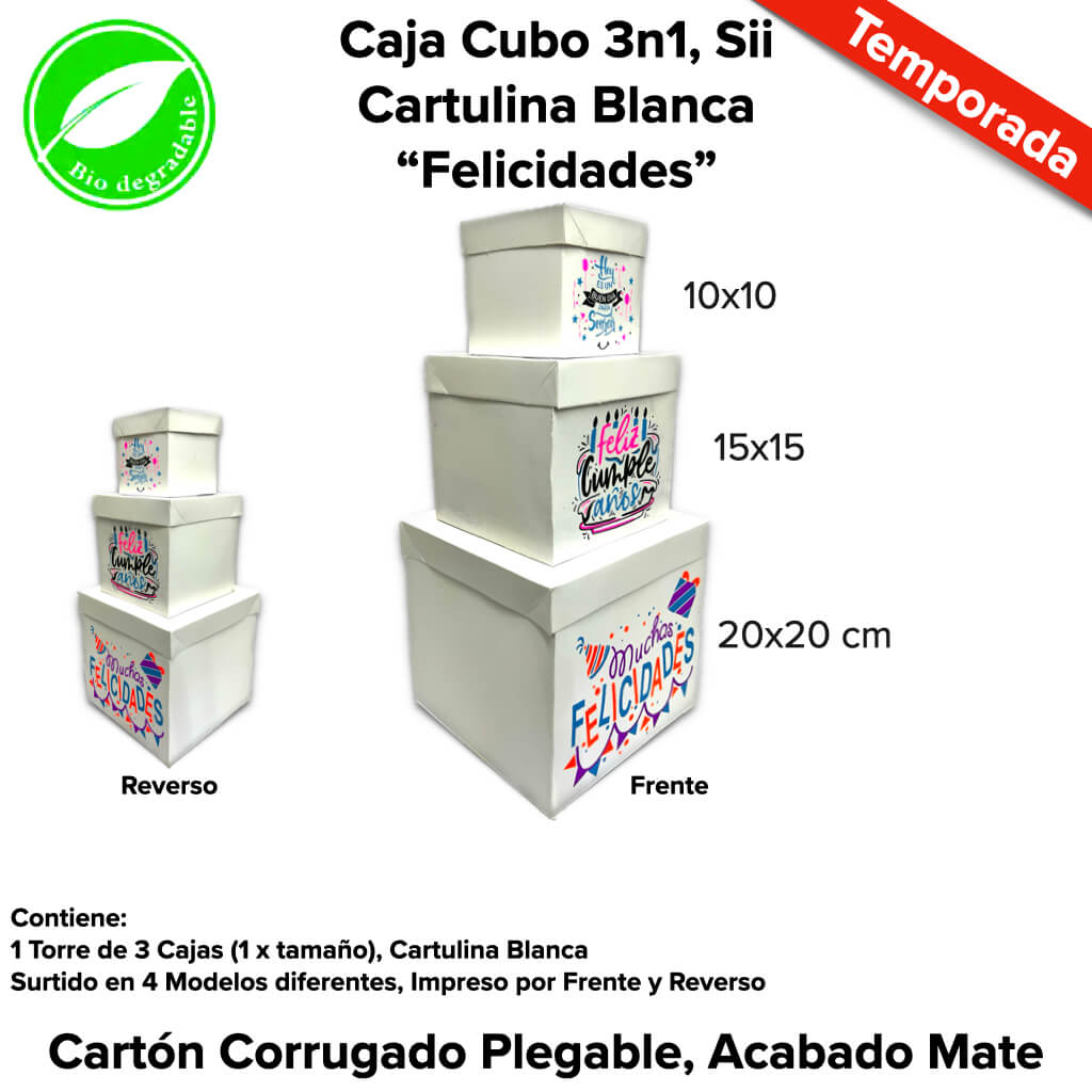 Caja Cubo 3n1, Sii Cartulina Blanca “Felicidades”