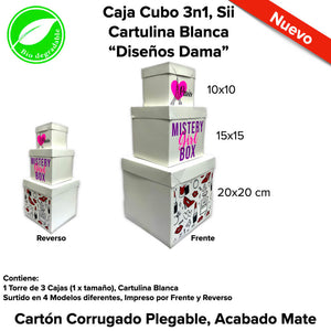 Caja Cubo 3n1, Sii  Cartulina Blanca “Diseños Dama”